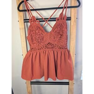 Rust Orange Crochet Lace Peplum Top with Adjustable Straps Small